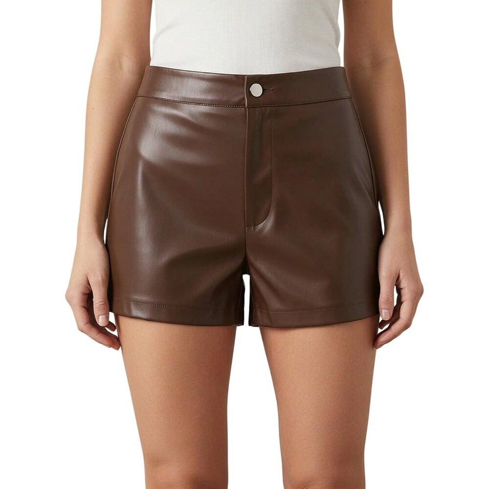 Women's Chocolate Brown Pu Leather High Waisted Pleated Wide Leg Dressy Shorts